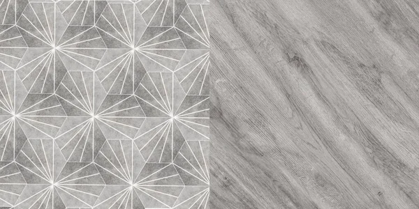 セメントタイルの床 遷移床 木製のタイル 木のパターンテクスチャインテリアのために使用セラミック壁のタイルや床のタイル木製のパターン 木製の床に広がる六角形のタイル — ストック写真
