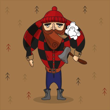 Grafik Noel ağaçlarının arka planında baltası olan oduncu. Orman, vektör çizimi. Erkek mesleği. Acımasız bir çizim. Masallar, oyunlar, çizgi filmler için bir karakter. Oduncu kıyafetleri..