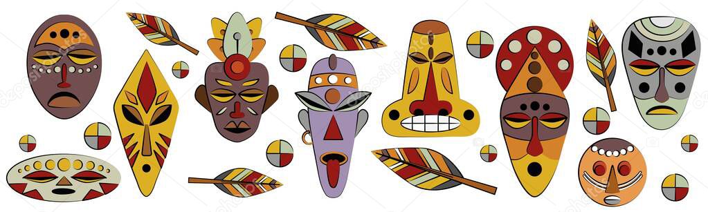 A set of African, ethnic masks. National ornaments. Flat vector illustration. Rituals and initiations. Mysticism and magic. Items for the ceremony.