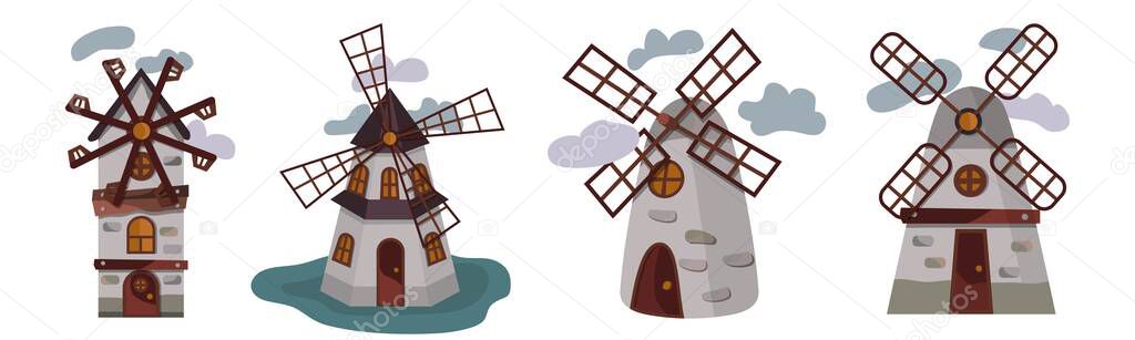 A set of mills. Vector illustration of old mills. Windmill icons set in cartoon style. Wooden buildings. Wheat and flour.