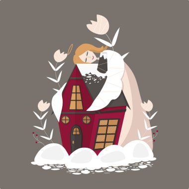 Gotik tarzında bir Noel kartı. Şirin bir koruyucu melek evi koruyor. Noel zamanı. Mutlu Noeller ve mutlu yıllar. Kilise şarkıları. Cennetin sakinleri. Tanrım..