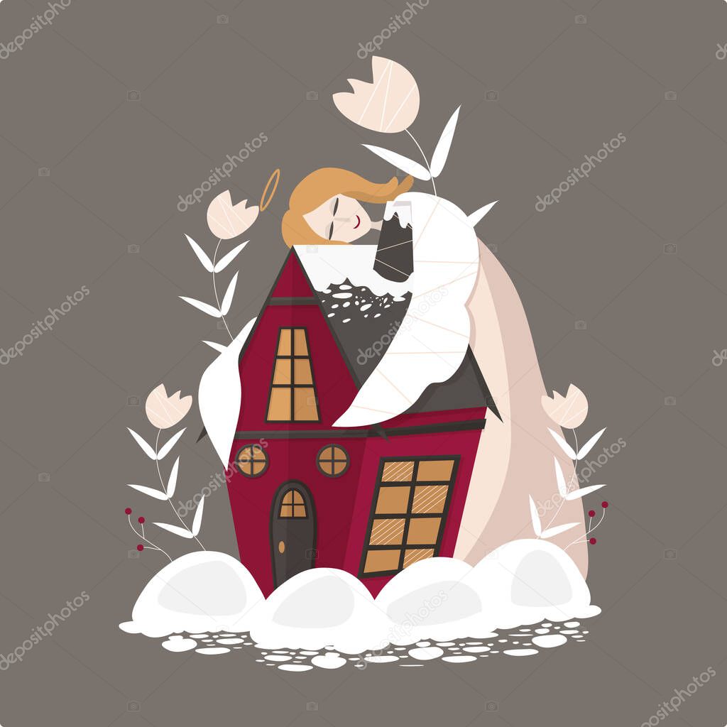 Christmas card in Gothic style. A cute guardian angel protects the house. Yuletide. Merry Christmas and Happy New Year. Church songs. Heavenly inhabitants. God.