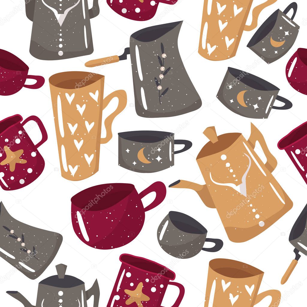 An unusual coffee pattern. Mugs for tea and coffee. Vector illustration in cartoon style. Ginger coffee, sea buckthorn tea. A delicious drink. A turk for making coffee. Scandinavian style. Teapot.