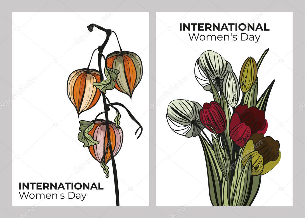 Happy Women's Day. March 8 women's Day vector illustration of linear icons of tulips and physalis. Congratulations to mothers, grandmothers, girls, women. A modern postcard. Spring.