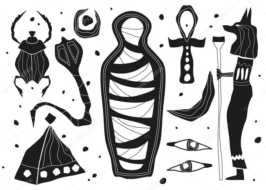 Egyptian set of signs and symbols. Desert, pyramid, anubis, snake, ankh cross, mummy in sarcophagus, scarab, ouadget amulet, Pharaoh. Mystical curses. Rites and resurrections. Vector illustration.