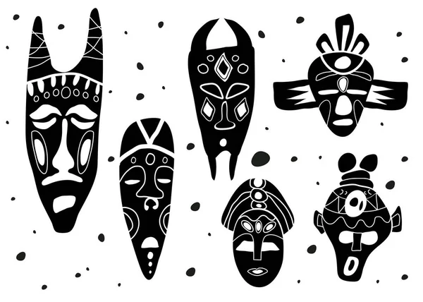Ein Satz Afrikanischer Ethnischer Masken Nationaler Schmuck Flache Vektorabbildung Rituale — Stockvektor