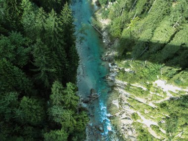 Mountain river in the Alps, Bavaria. A view from a height of a mountain river flowing in the mountain gorge of the Bavarian Alps