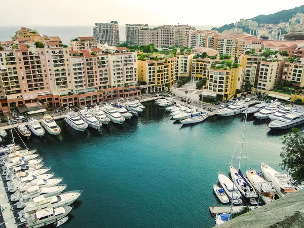 View of Port de Fontvieille, Monaco. Reconstructed port, surrounded by cliffs, a marina for 275 yachts.
