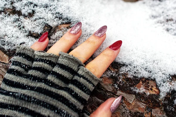 Close Woman Hand Gloves Lies Bark Tree Snow — Zdjęcie stockowe