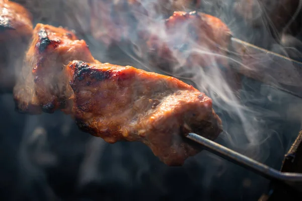 Närbild Bitar Stekt Kött Ett Spett Läckra Saftiga Kyckling Och — Stockfoto