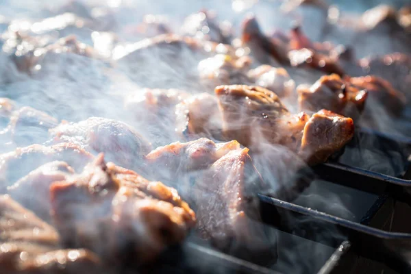 Nahaufnahme Von Gebratenen Fleischstücken Auf Einem Spieß Lecker Saftig Hähnchen — Stockfoto