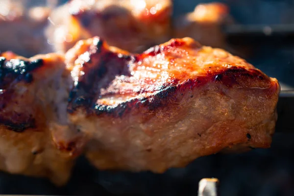 Närbild Bitar Stekt Kött Ett Spett Läckra Saftiga Kyckling Och — Stockfoto