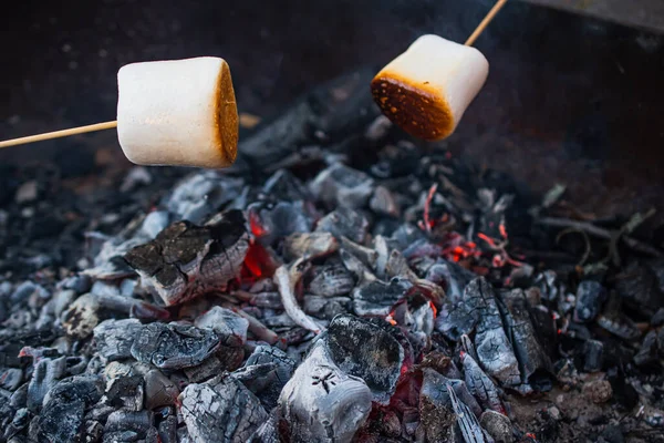 在两个绞刑架上 有一大块棉花糖烤在烧焦的木炭上 最后喷出了火光和烟雾 实地深度小 — 图库照片
