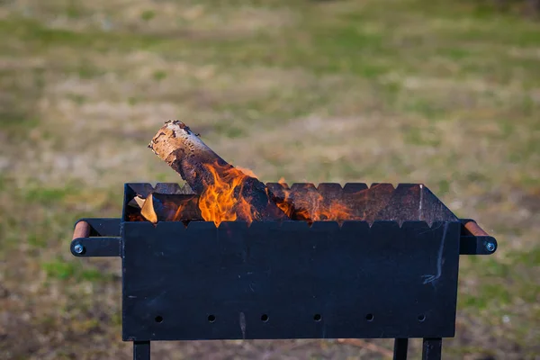 Birkenbrennholz Brennt Einem Sonnigen Sommertag Mit Roten Flammen Einem Schwarzen — Stockfoto