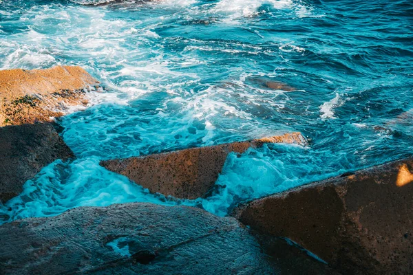 Close Water Splashes Breakwaters Balearic Sea View Pier Beach Barcelona — Foto de Stock