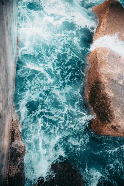 Close Water Splashes Breakwaters Balearic Sea View Pier Beach Barcelona — Foto de Stock