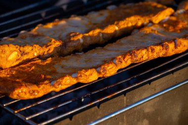 Pickled pork ribs on the grill grate are cooked on the coals in the grill in the summer at sunset. Picnic in nature. Small depth of field.