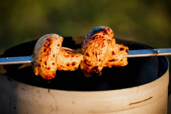 Pickled White Champignons Strung Skewers Cooked Coals Grill Summer Sunset — Stockfoto