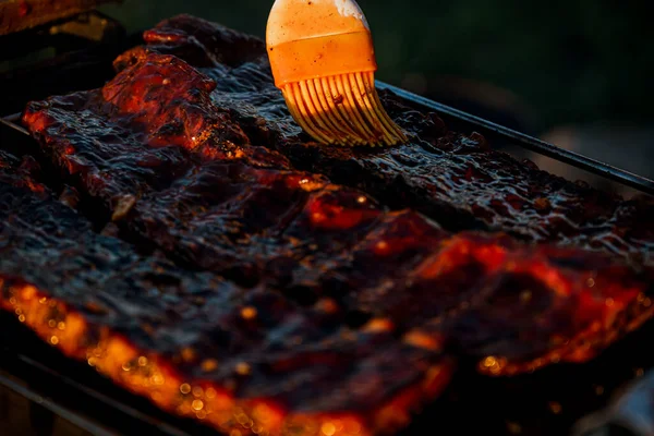 Pickled Pork Ribs Grill Grate Cooked Coals Grill Summer Sunset — стоковое фото