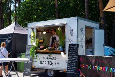 Jurmala, Kauguri, Latvia - August 14 2022: Street food stall during the competition at the festival in the city. The color run 2022.