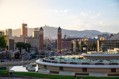Barcelona, Spain - May 28 2022: Close-up The Singing Magic Fountain Of Montjuic Before Sunset In Catalonia. Before the performance, the fountain is turned off - saving water.