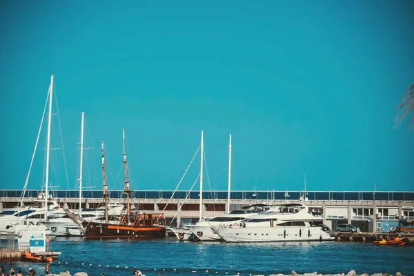 Barcelona Spain May 2022 Small Yachts Moored Pier Balearic Sea — стокове фото