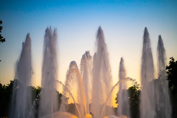 Day Photograph Sunset Performance Singing Magic Fountain Montjuic Barcelona Catalonia — Foto Stock