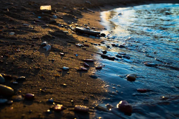 Close Sandy Beach Large Stones Balearic Sea Barcelona Sunset — Stock Photo, Image