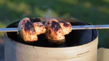 Pickled white champignons are strung on skewers and cooked on coals in the grill in the summer at sunset. Picnic in nature. Small depth of field.