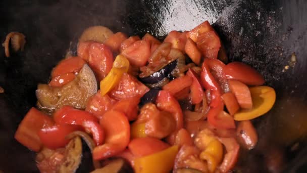 トマト パプリカ ニンジン 玉ねぎから作られた野菜のシチューは 鋳鉄製の釜で揚げられます — ストック動画
