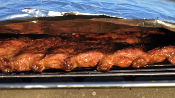 Pickled Pork Ribs Grill Grate Cooked Coals Grill Summer Sunset — Vídeo de stock