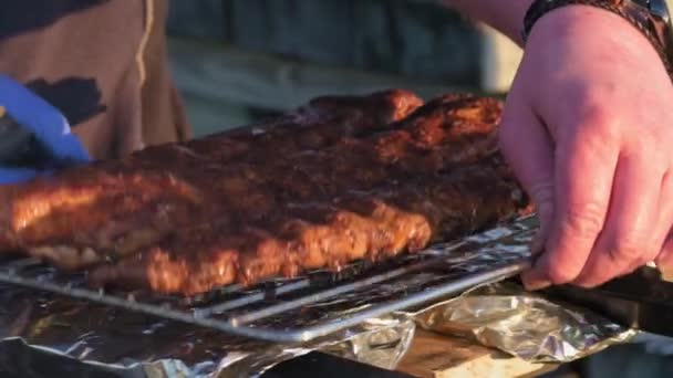 在夏天的日落时 烤架上的煤块上烤着腌制过的猪排 那人把炉栅从火中取出来 野餐的性质 实地深度小 — 图库视频影像
