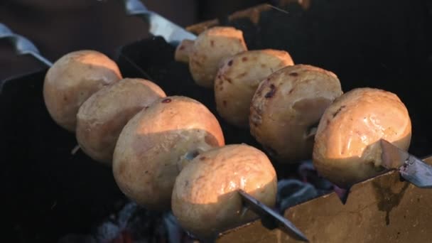 Pickled White Champignons Strung Skewers Cooked Coals Grill Summer Sunset — Stok video