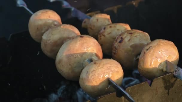 Pickled White Champignons Strung Skewers Cooked Coals Grill Summer Sunset — Stok video