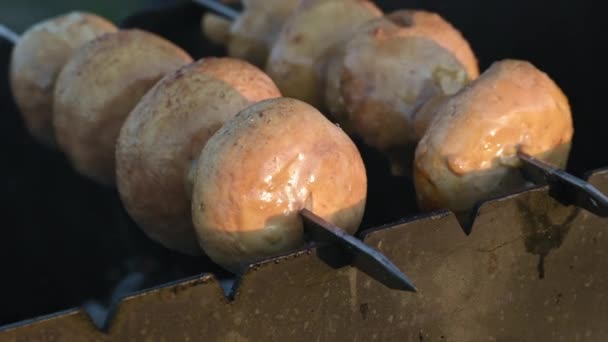 Pickled White Champignons Strung Skewers Cooked Coals Grill Summer Sunset — Stockvideo