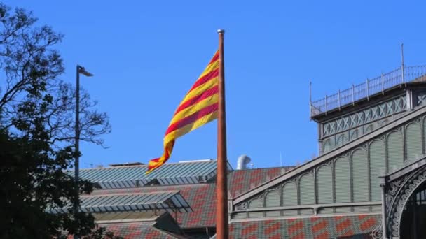 巨大的加泰罗尼亚国旗在西班牙巴塞罗那出生的文化中心前飘扬 高质量的4K镜头 — 图库视频影像