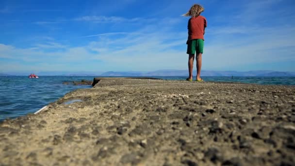 Moraitika Greece 2022 Timelapse Young Boy Fishing Pier Ionian Sea — Stock Video