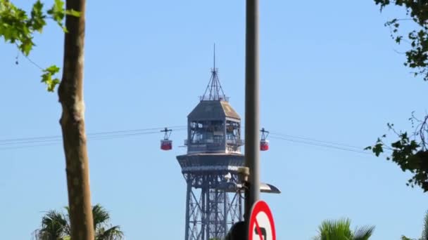 Barcellona Spagna 2022 Funivia Teleferico Del Puerto Red Cable Cabine — Video Stock