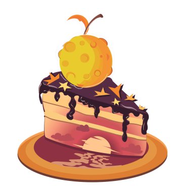İçinde güneşin battığı pasta. Pastanın üstü yıldızlı bir gece gökyüzü ile kaplıdır. Kiraz yerine, Ay en üstte..