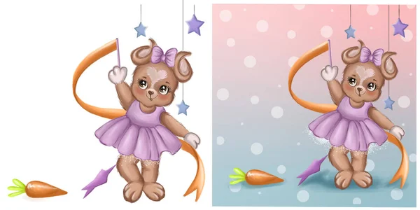 Rabbit Gymnast Ribbon Her Hand Cute Bunny Purple Dress Bow — Stockfoto