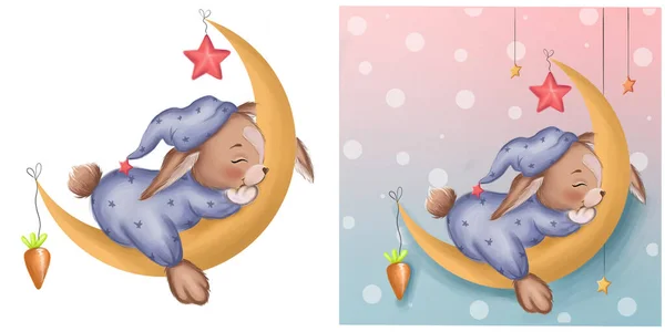 Rabbit Pajamas Sleeps Moon Children Illustration High Quality Photo — Zdjęcie stockowe