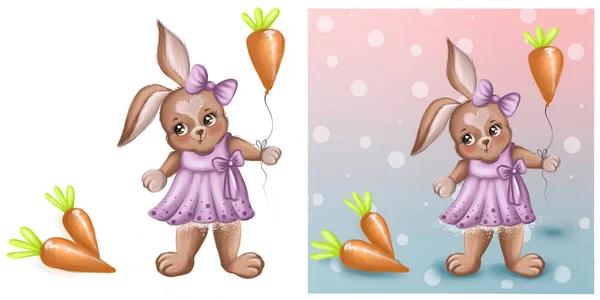 Cute Bunny Ball Carrot Bunny Girl Dress Bow Her Head — Zdjęcie stockowe