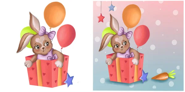 Cute Bunny Gift Box Balloons Children Illustration High Quality Photo — Zdjęcie stockowe