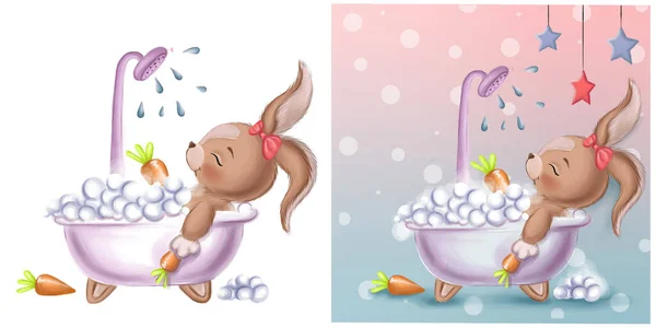 Cute Rabbit Bathes Bath Children Illustration High Quality Photo — Stock Photo, Image