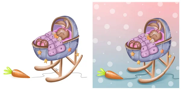 Newborn Rabbit Stroller Baby Sleeps Cradle Children Illustration High Quality — Zdjęcie stockowe