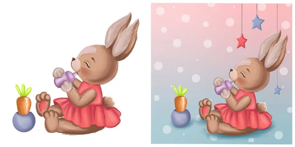 Cute Bunny Pink Dress Drinks Baby Bottle Children Illustration High — Zdjęcie stockowe