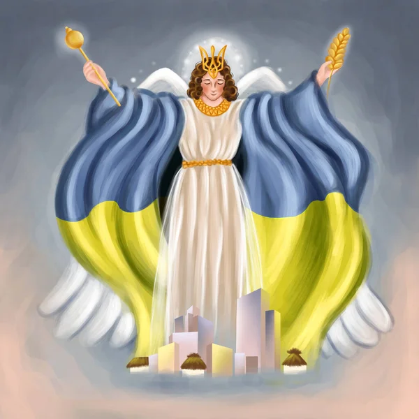 Guardian Angel Dressed Flag Ukraine His Head Has Trident Symbol — стокове фото