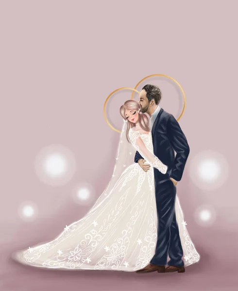 Bride Groom Hugging Husband Kisses His Wife Illustration Wedding Celebrations — Stockfoto