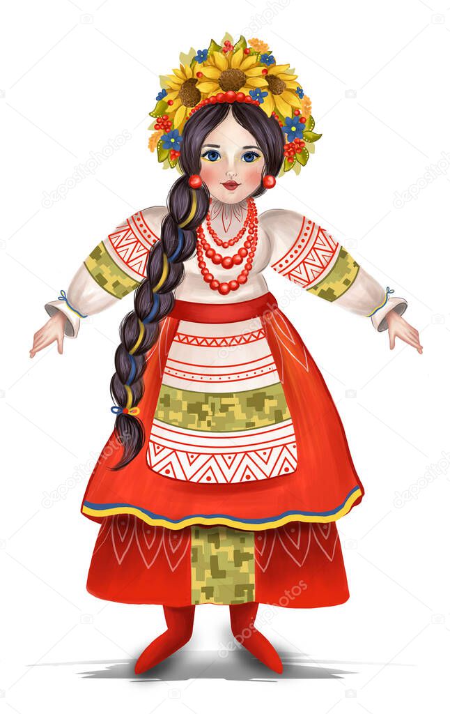 Amulet doll in Ukrainian national costume. The dress is decorated with elements of the uniform of Ukrainian soldiers. High quality photo