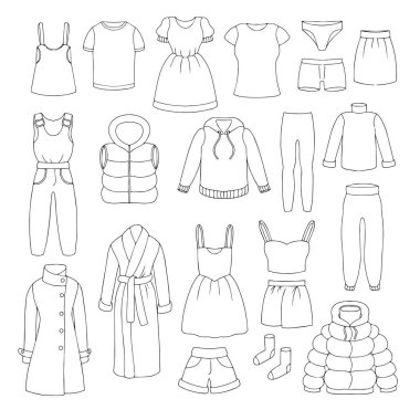  Siyah beyaz boyama kitabı. Bir takım farklı kıyafetler. Vektör illüstrasyonu